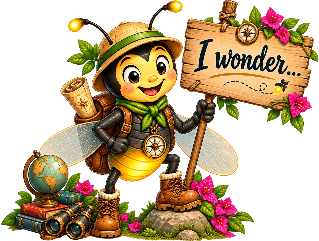WonderBug holding a wooden sign that reads 'I wonder...'